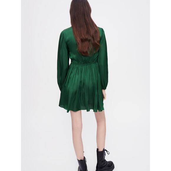 Maje Green Shirred Satin Holiday Mini Dress size 36/4 US $375 - Picture 2 of 12